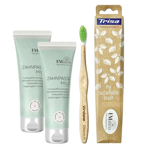 2 Zahnpasta mild + Gratis-Zahnbürste Trisa