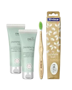 2 Zahnpasta mild + Gratis-Zahnb&uuml;rste Trisa